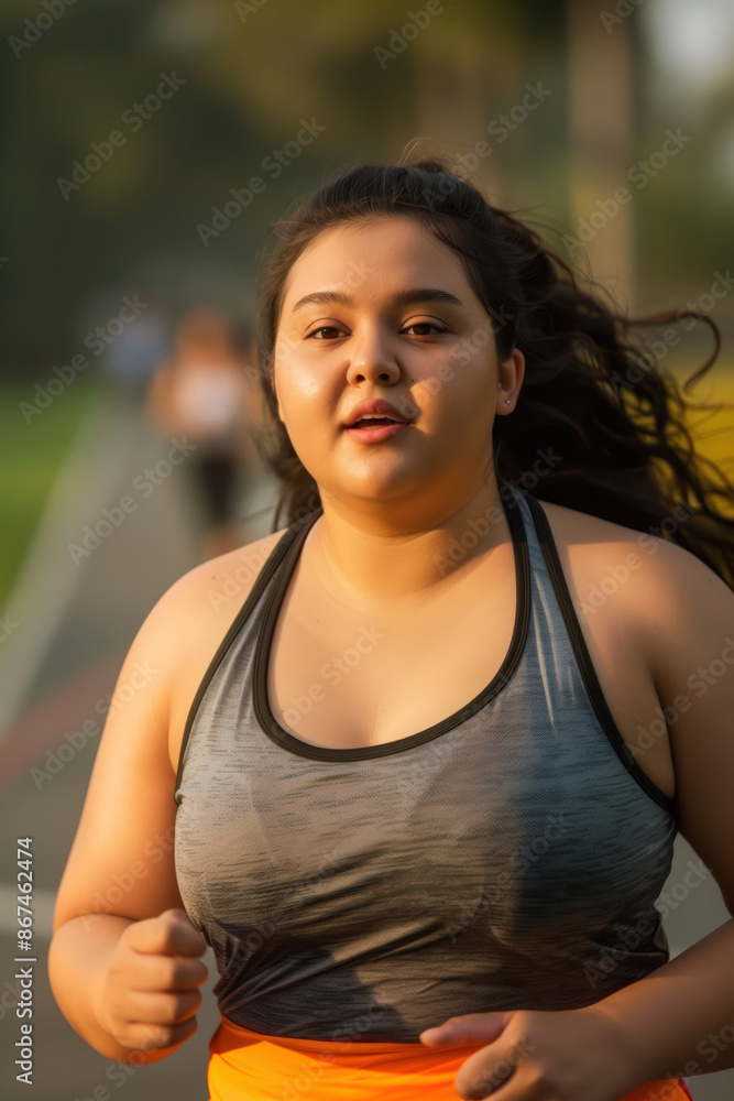 Obesity image of an overweight fat young latina woman jogging in park Obesity image of an overweight fat young latina woman jogging in park