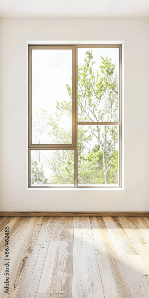 Property interiors composition with a big window providing natural lighting to a room with minimal furniture. Minimalist residential realty interiors. Property interiors composition with a big window providing natural lighting to a room with minimal furniture. Minimalist residential realty interiors.