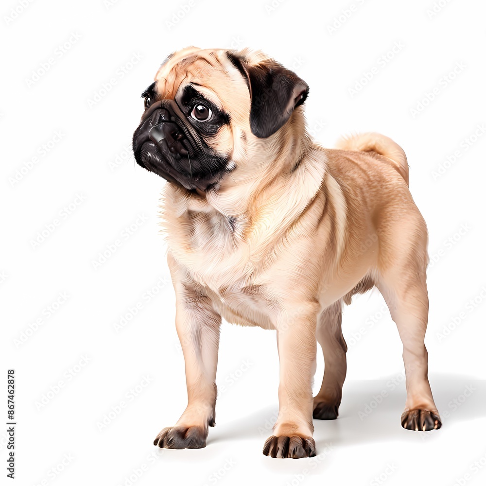 Pug dog breed standing against white background, AI Generated Pug dog breed standing against white background, AI Generated