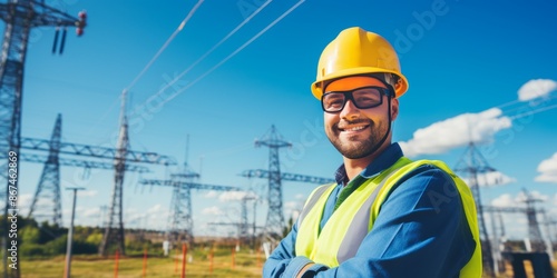 Worker in Safety Gear Before Power Lines