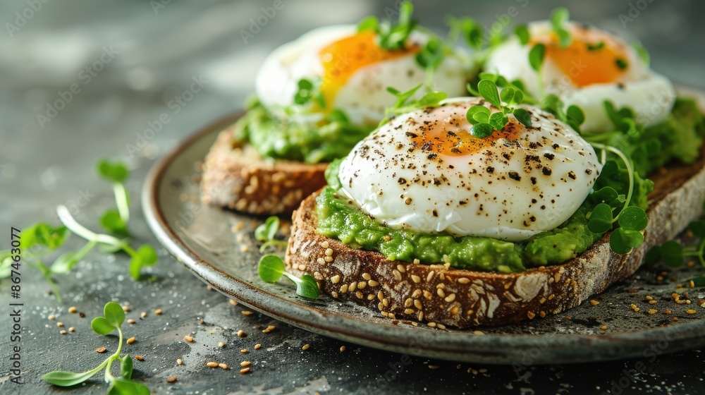 Delicious avocado toast topped with poached eggs and microgreens on a plate, perfect for a healthy breakfast or brunch. Delicious avocado toast topped with poached eggs and microgreens on a plate, perfect for a healthy breakfast or brunch.