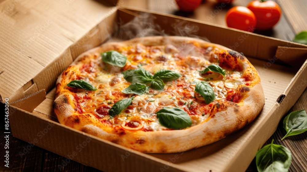 Delicious pizza steaming in a cardboard box Delicious pizza steaming in a cardboard box