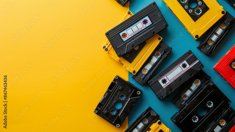 Old audio cassettes on colored background with copy space Old audio cassettes on colored background with copy space