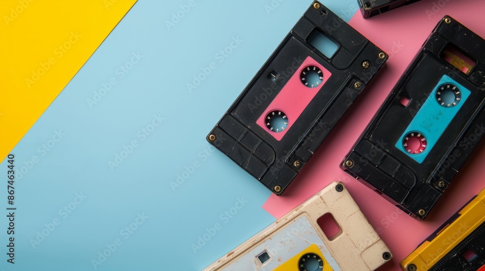 Old audio cassettes on colored background with copy space Old audio cassettes on colored background with copy space