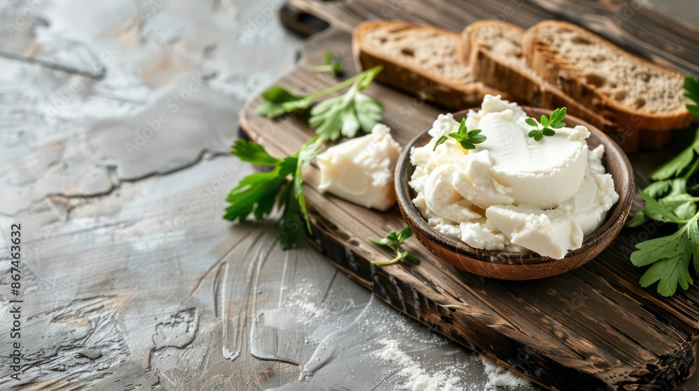 Camembert or brie cheese with basil leaves on table. Generative AI Camembert or brie cheese with basil leaves on table. Generative AI