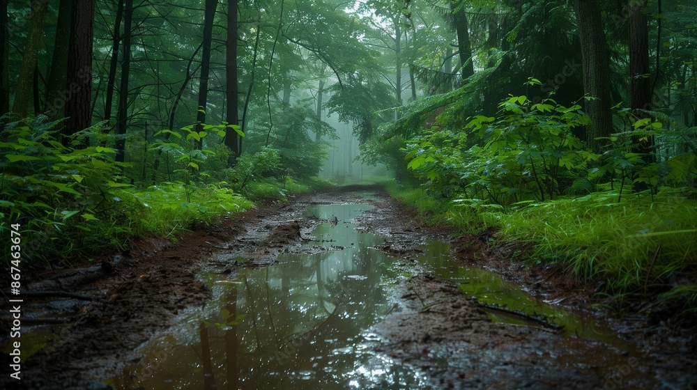 Obraz premium Rain-soaked forest trail with puddles.