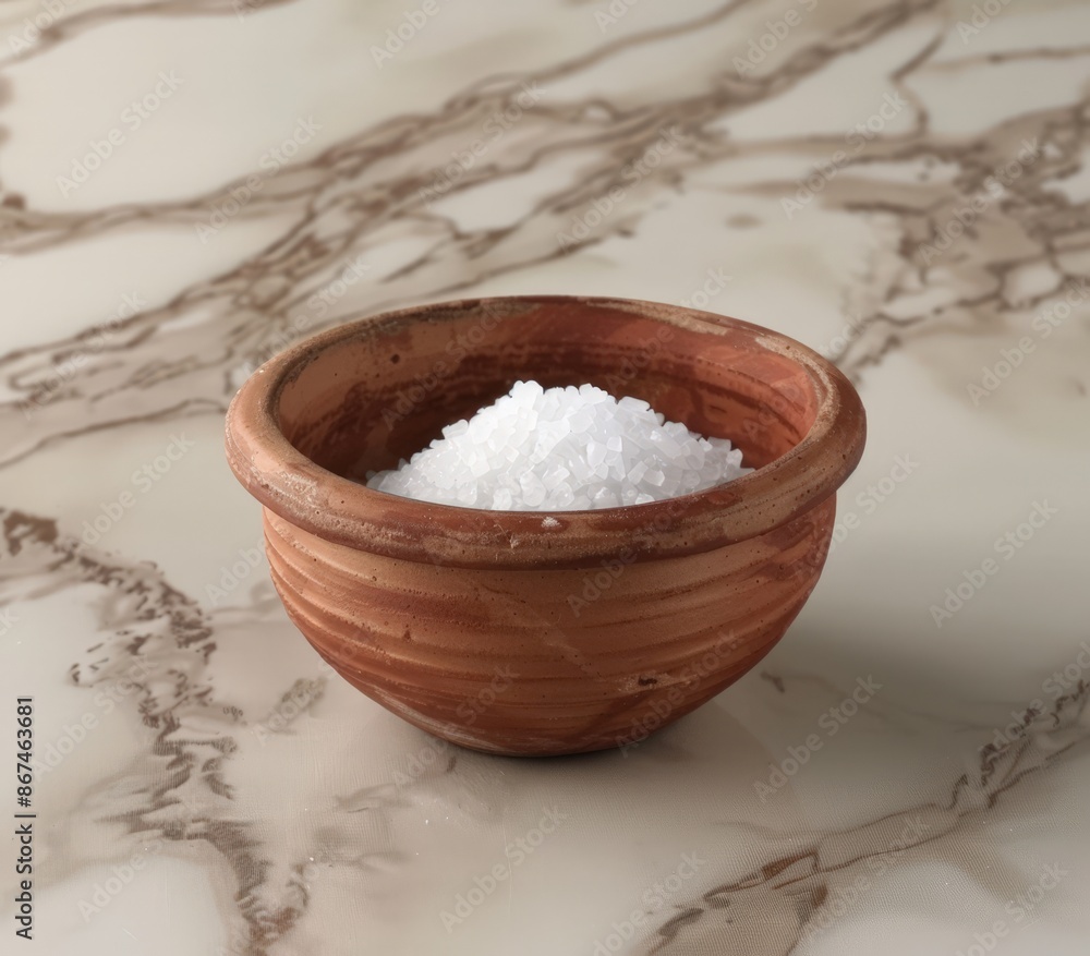 Rustic Bowl of Salt on Marble Surface Rustic Bowl of Salt on Marble Surface