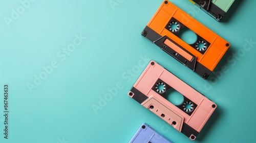 Old audio cassettes on colored background with copy space