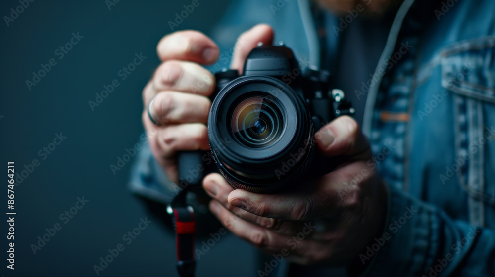 Obraz premium Close-up of a Photographer's Hand Holding a Camera