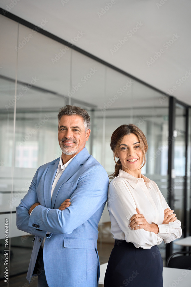 © insta_photos - Two happy executive managers, mature business man and woman leaders, successful partners professional team standing arms crossed in office at work looking at camera. Vertical portrait.