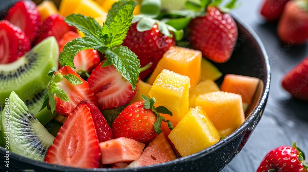 custom made wallpaper toronto digitalThe image shows a bowl of fresh fruit with strawberries, pineapple, and mint.