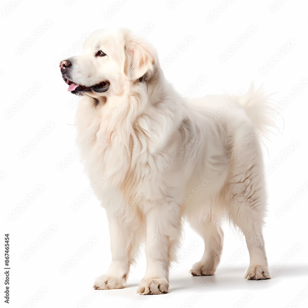 Fototapeta premium Pyrenean mastiff dog breed standing against white background, Ai Generated