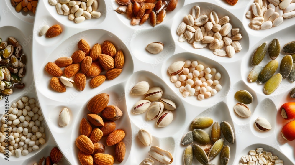 The image displays a collection of nuts and seeds arranged in rows, each type in its own compartment, showcasing their variety in colors and textures. The image displays a collection of nuts and seeds arranged in rows, each type in its own compartment, showcasing their variety in colors and textures.