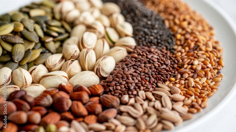 This image displays a collection of different colored nuts and seeds, all neatly arranged in a white bowl. This image displays a collection of different colored nuts and seeds, all neatly arranged in a white bowl.