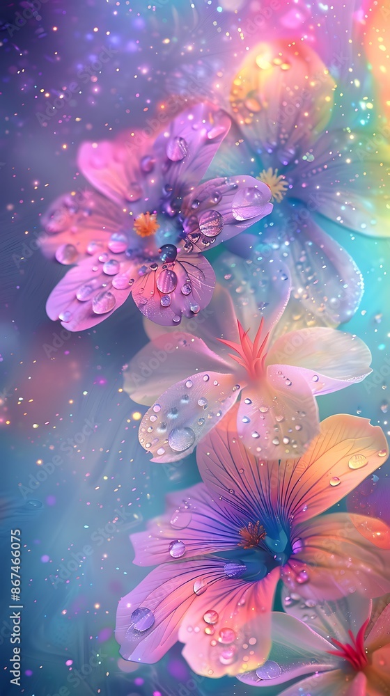 Fantasy design of spring flowers with water droplets on a colorful and dreamy backdrop Fantasy design of spring flowers with water droplets on a colorful and dreamy backdrop