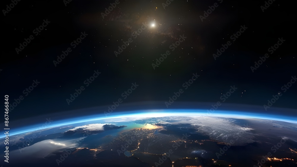 Fototapeta premium Blue space background with earth and galaxy. 
