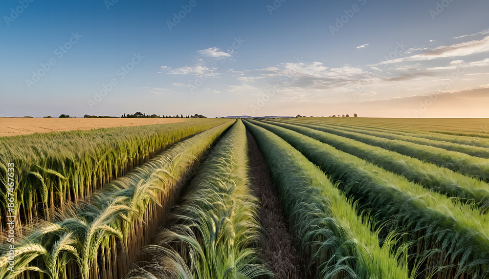 Illustrate a scene of harvesting crops in a vast, golden wheat field. Show the harvested crops neatly bundled and placed in rows, with a bright blue sky overheard Illustrate a scene of harvesting crops in a vast, golden wheat field. Show the harvested crops neatly bundled and placed in rows, with a bright blue sky overheard