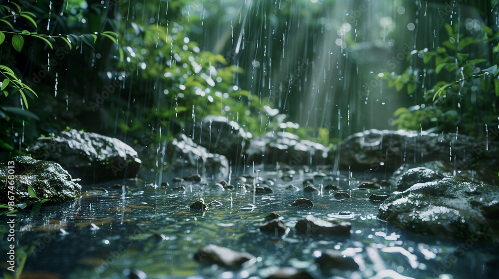 Fototapeta premium Wet forest rocks glistening with rain.