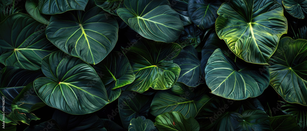 Closeup green leaves of tropical plant in garden Closeup green leaves of tropical plant in garden