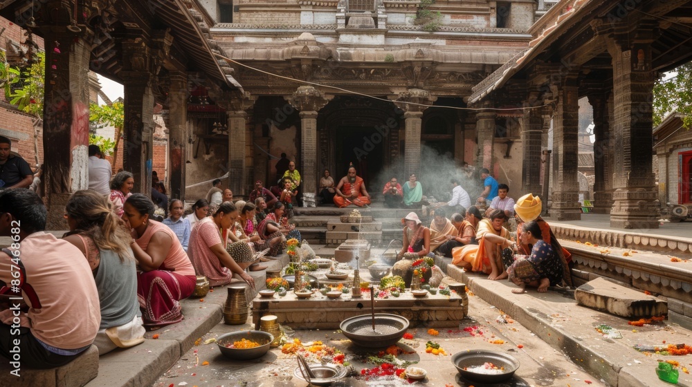 Locals paying respects at a historic temple during a religious ceremony in the ancient capital city. Locals paying respects at a historic temple during a religious ceremony in the ancient capital city.
