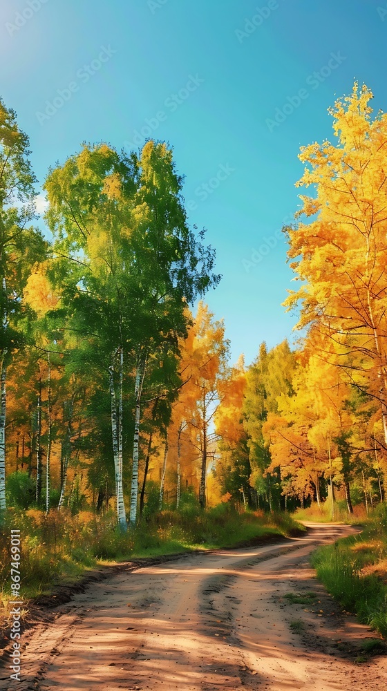 Gorgeous nature background featuring autumn trees in green and yellow hues and a dirt road Gorgeous nature background featuring autumn trees in green and yellow hues and a dirt road