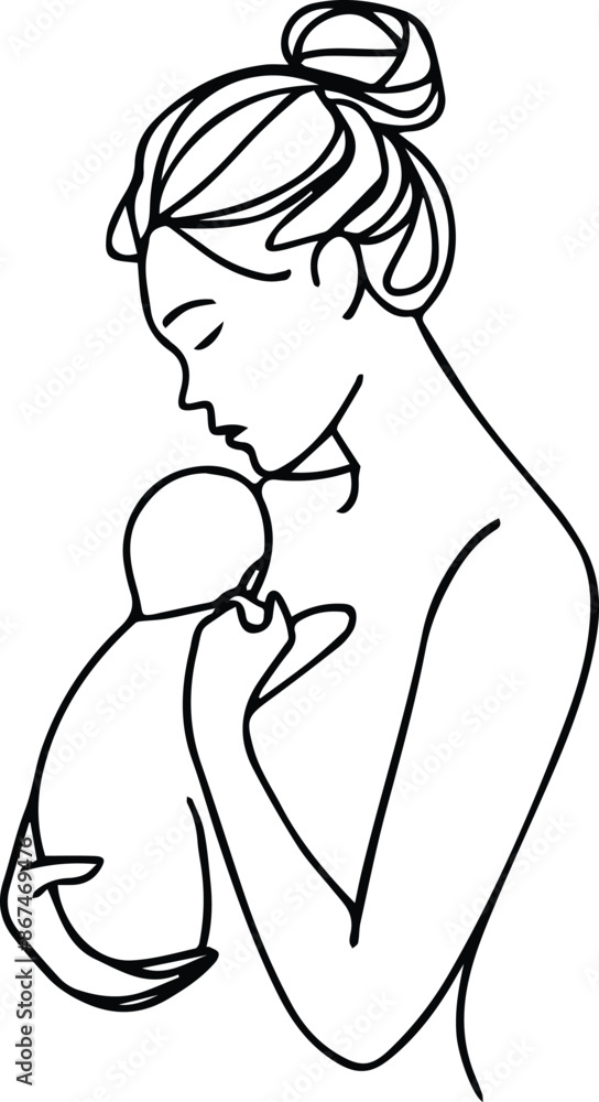 Black single-line drawing a mother breastfeeding Black single-line drawing a mother breastfeeding
