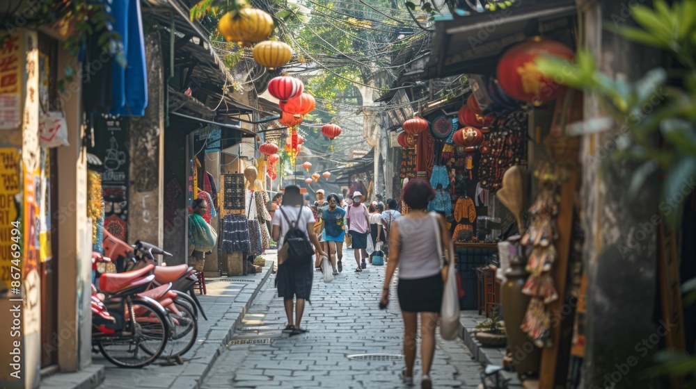 Naklejka premium Pedestrians walking through narrow alleyways lined with traditional shophouses in a bustling ancient capital city.