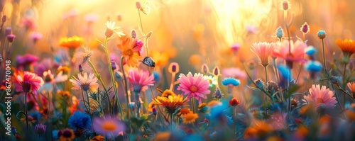 A vibrant field of wildflowers in full bloom, with bees buzzing among the colorful blooms and butterflies flitting from flower to flower. photo