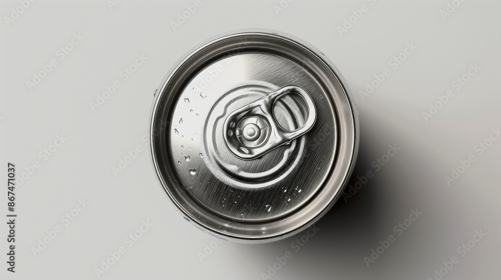 A metal can, seen from above. It has a silvery color and is on a white background. A metal can, seen from above. It has a silvery color and is on a white background.