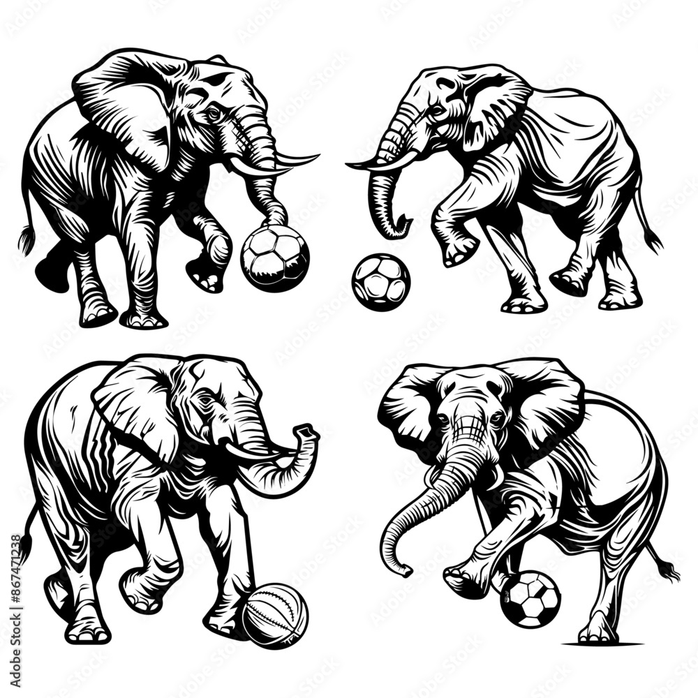 Fototapeta premium Outline Set of Elephants Playing with Soccer Balls