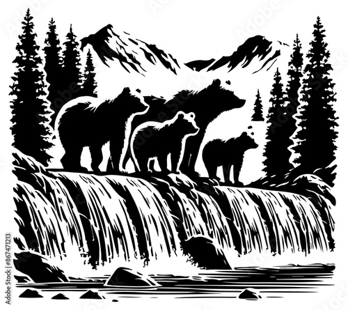 Silhouette of a Bear Family by a Waterfall in a Mountainous Forest