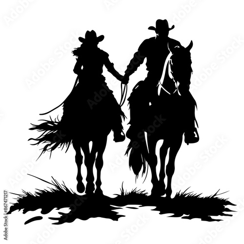 Silhouette of a Cowboy and Cowgirl Riding Horses and Holding Hands