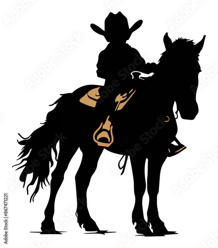 Silhouette of a Young Cowboy Riding a Horse with Saddle and Gear