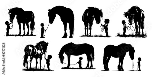 Silhouette Set of Children Leading Horses, Showcasing Bond and Trust
