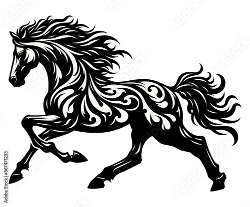 Silhouette of a Running Horse with Flowing Mane and Tail and Decorative Patterns