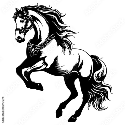 Silhouette of a Rearing Horse with Ornate Harness and Flowing Mane