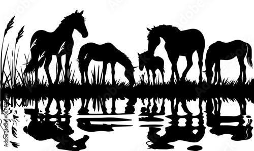 Silhouette illustration of multiple horses grazing near a water body, with their reflections visible, capturing a serene and natural scene of equine tranquility and harmony.