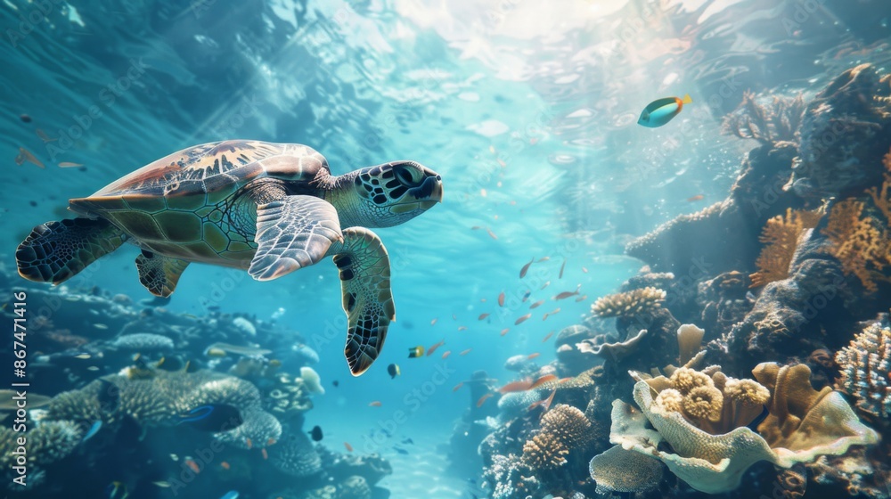 Underwater view of a diver swimming alongside a majestic sea turtle in a crystal-clear reef environment. Underwater view of a diver swimming alongside a majestic sea turtle in a crystal-clear reef environment.