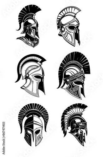 Set of six detailed Spartan helmets in various designs