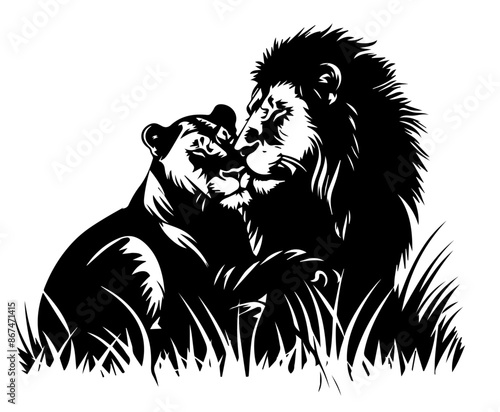 Realistic vector silhouette illustration of a male lion and lioness lying together in tall grass, symbolizing love and companionship in the wild