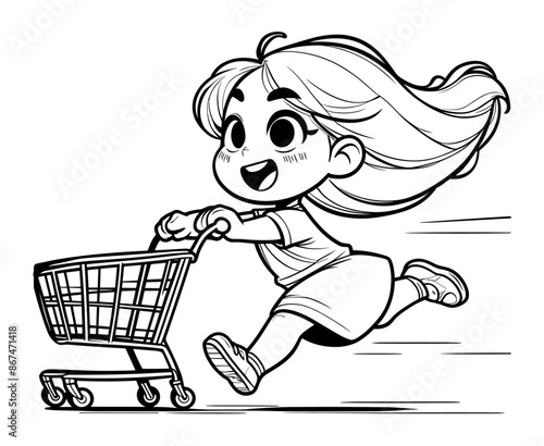 Playful illustration of a young girl with long hair happily pushing a shopping cart, capturing the joy and energy of childhood