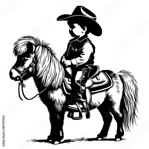 Black and white silhouette illustration of a young boy wearing a cowboy hat and riding a pony, showcasing a nostalgic and charming scene with intricate details on the boy’s outfit and the pony