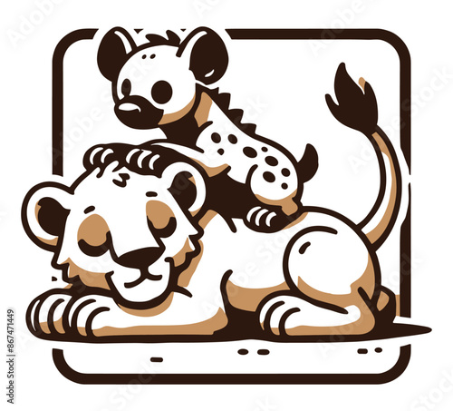 Illustration of a playful hyena cub sitting on a resting lion pup, showcasing a cute and whimsical scene with simple and friendly design elements.