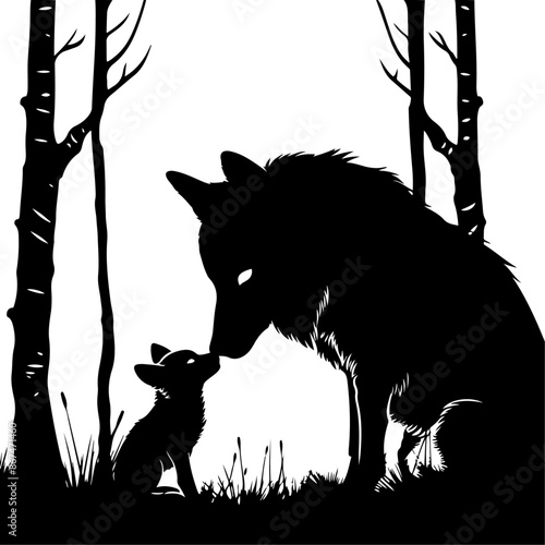 Black and white silhouette illustration of a wolf cub  together with is mother, emphasizing unity and communication in nature.