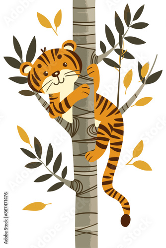 Illustration of a cute tiger cub clinging to a tree with green and yellow leaves, showcasing playful and endearing behavior in a natural setting with simple and vibrant design.