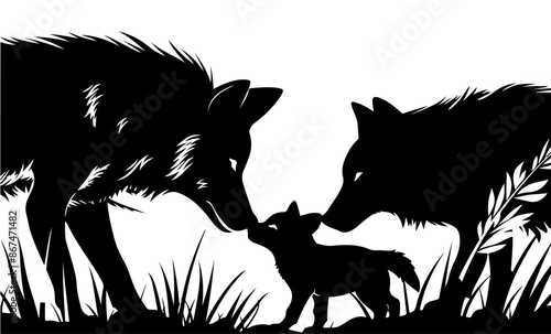 Silhouette illustration of two adult wolves nuzzling a wolf pup in a natural setting with grass and foliage, depicting a tender family moment and protective behavior.