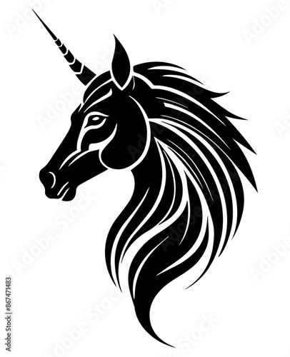 Black and white silhouette illustration of a unicorn’s head with a long flowing mane and a spiral horn, representing fantasy and myth in a simplistic style.