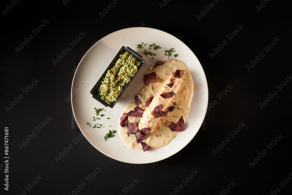 Risotto Gourmet con Salsa Cremosa y Chips de Remolacha Risotto Gourmet con Salsa Cremosa y Chips de Remolacha