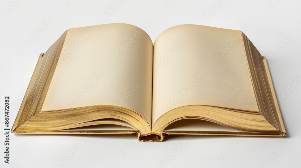This open gold book, with its blank, glossy pages, exudes a sense of luxury and exclusivity, ideal for high-end branding or conceptual art projects. This open gold book, with its blank, glossy pages, exudes a sense of luxury and exclusivity, ideal for high-end branding or conceptual art projects.
