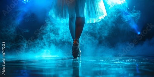 Ballet dancer performing on stage with ethereal blue lighting and fog effects